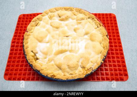Hausgemachter Apfelkuchen aus dem Ofen auf einer hitzebeständigen Silikonmatte. Stockfoto