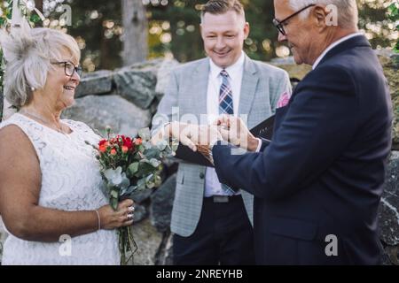 Der Senior Bräutigam legt den Ehering in den Finger der Braut, vom Minister während der Zeremonie Stockfoto