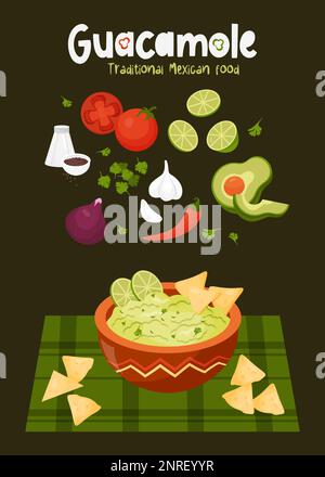 Vertikales Poster „mexikanische Guacamole“ auf schwarzem Hintergrund. Rezept mit Füllzutaten zum Kochen von Guacamole-Sauce. Vektordarstellung in der Cartoonstall Stock Vektor