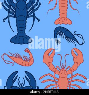 Handgezeichnetes nahtloses Muster mit orangefarbenen blauen Hummern auf türkisfarbenem Hintergrund. Meeresfrüchte, Meeresrestaurant, Café-Menü, Wassertiere, maritimes Design Stockfoto