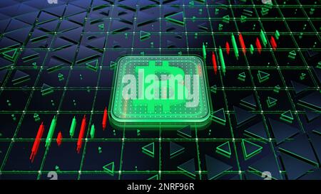 Wechselkurs, Bitcoin-Index-Anleger an der Börse Devisen im Hintergrund des Candlestick-Diagramms. Globales Finanzwesen. Konzept 3D illu Stockfoto