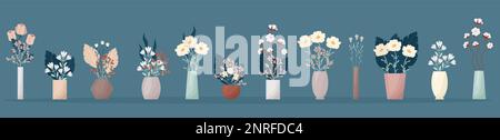 Ein großer Satz Blumen in Vasen im Bo-Stil. Zur Zusammensetzung der Blumenvektordarstellung. Sträuße aus Trikottchen, Baumwolle, verschiedenen dekorativen Blättern und Stock Vektor