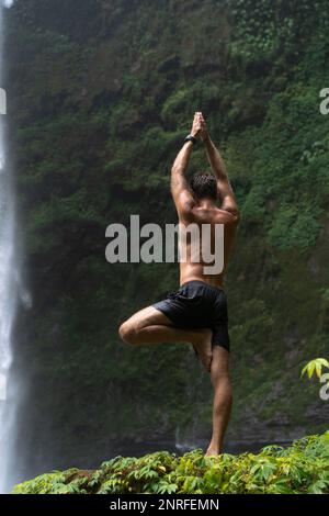 Vrikshasana-Baum-Pose aus Yoga durch Männersilhouette im Dschungel. Stockfoto