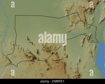 Ost-Äquatorien, Staat Südsudan. Farbige Höhenkarte mit Seen und Flüssen Stockfoto