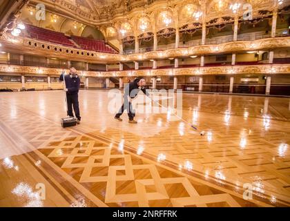 Blackpool Tower Ballroom Floor wird jährlich während eines dreitägigen Erneuerungsprozesses poliert, Blackpool, Großbritannien. Bilddatum: Sonntag, 26. Februar 2023. Stockfoto