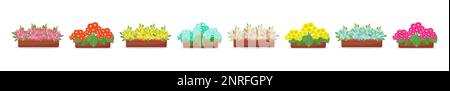 Stellen Sie Blüten in Töpfen in flachem Stil, eine große Sammlung von Frühlingsblumen in Boxen, isolierte Vektorelemente auf. Stock Vektor
