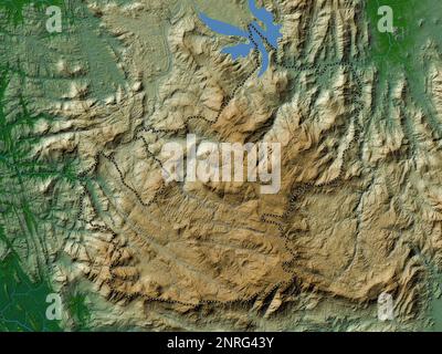 Nuwara Eliya, Bezirk Sri Lanka. Farbige Höhenkarte mit Seen und Flüssen Stockfoto