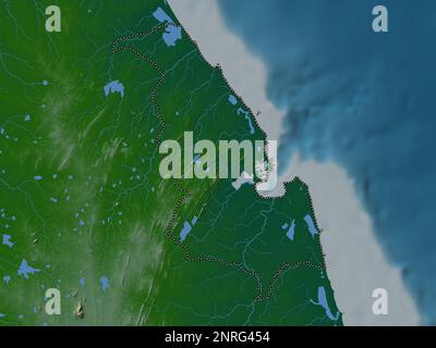 Trincomalee, Bezirk Sri Lanka. Farbige Höhenkarte mit Seen und Flüssen Stockfoto