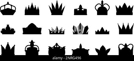 Royal krönt schwarze Ikonen. Siegerkrone, Ritterkönigin oder Königskrönung. Tiara-Silhouetten, Prinz-Prinzessin flache, anständige Vektorzeichen Stock Vektor