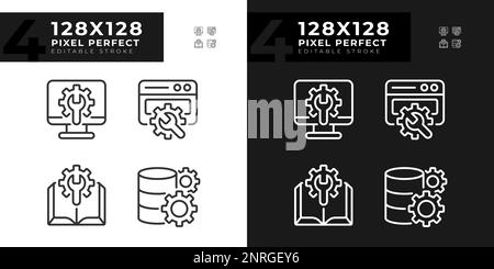 Computersystemeinstellungen Pixel perfekte lineare Symbole, die auf den dunklen, hellen Modus eingestellt sind Stock Vektor
