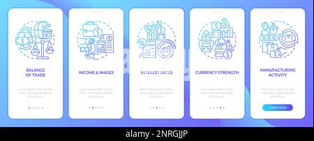 Wirtschaftliche Indikatoren Beispiele für den blauen Farbverlauf des Bildschirms „Onboarding Mobile App“ Stock Vektor