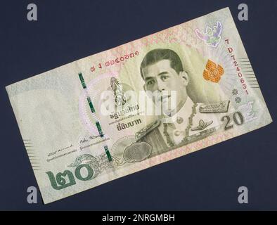 Makrodetailbild mit 20-thailändischer Baht-Banknote. Baht ist die offizielle Währung in Thainland. Stockfoto