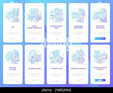 Wirtschaftliche Indikatoren Beispiele für blaue Gradienten bei der Onboarding von mobilen Apps Bildschirme Stock Vektor