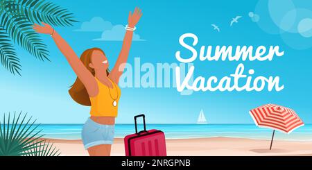 Glückliche Touristenfrau am Strand: Sommerurlaub und Reisekonzept Stock Vektor