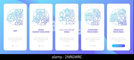 Wirtschaftsindikatoren blauer Gradientenbildschirm für das Onboarding der mobilen App Stock Vektor