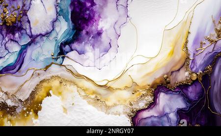 Abstrakter Hintergrund aus lila goldenem Marmor, abstraktes flüssiges Marmordesign, hellviolette Farbtöne mit goldenem Marmormuster. Alkoholtinte COL Stockfoto