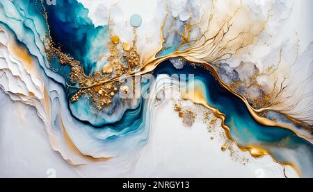 Abstrakter Hintergrund aus blauem, goldenem Marmor, abstraktes flüssiges Marmordesign, hellblaue, azurblaue Farbtöne mit goldener, gemalter Marmorstruktur. Alcohol Ink CO Stockfoto