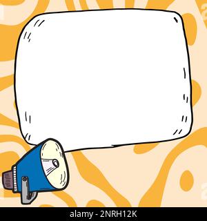 Megafon mit wichtigen Informationen und brandneuer Agenda. Große weiße Sprechblase für Text auf hellem farbigem Hintergrund. Vektorzeichnung Stock Vektor
