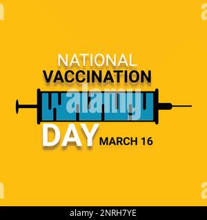 Eine Vektordarstellung zum Thema nationaler Impftag mit Spritzen-Symbol auf gelbem Hintergrund Stock Vektor