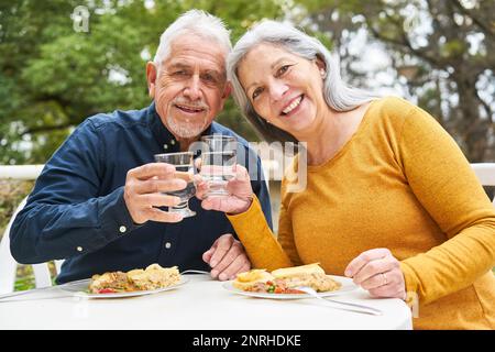 Porträt eines glücklichen Seniorenmannes und einer glücklichen Frau, die ein Glas Wasser anstoßen, während sie am Tisch im Garten essen Stockfoto