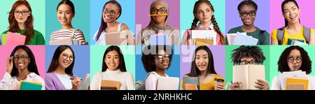 Porträt von verschiedenen multiethnischen Schülerinnen, die Rucksäcke tragen und vor hellem Hintergrund posieren Stockfoto
