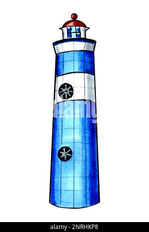 Der Leuchtturm ist blau und weiß mit einem roten Dach. JPEG-Darstellung der Unterwasserwelt. Stockfoto