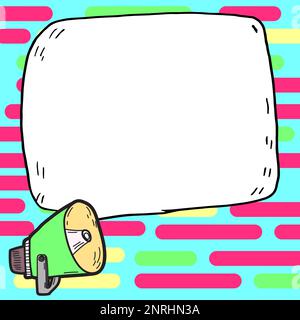 Megafon mit wichtigen Informationen und brandneuer Agenda. Große weiße Sprechblase für Text auf hellem farbigem Hintergrund. Vektorzeichnung Stock Vektor