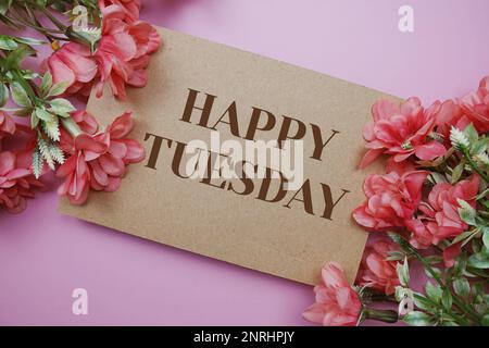 Happy Tuesday Typografie Text mit Blumen auf rosa Hintergrund Stockfoto