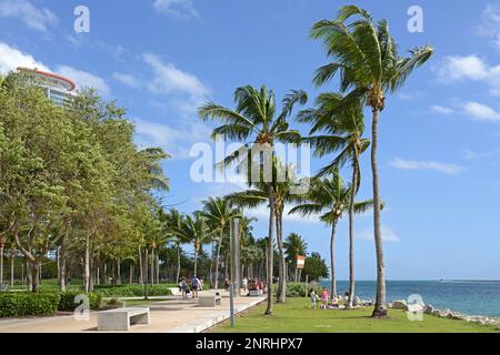 Promenade entlang des Government Cut im South Pointe Park im Stadtviertel South Beach in Miami Beach, Florida Stockfoto