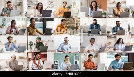 Sammlung von Mitarbeitern verschiedener Rassen, die an Laptops und Collagen arbeiten Stockfoto