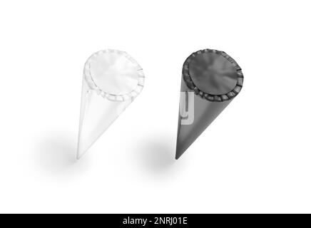 Schwarzweißes Eiskegelmodell, isoliert, 3D-Rendering. Leeres Papierpaket mit Etikett für das Gelato-Modell, Draufsicht, keine Schwerkraft. Cle Stockfoto