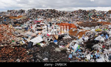 Große Mülldeponie in der Nähe der Metropole. Blick von der Drohne. Stockfoto