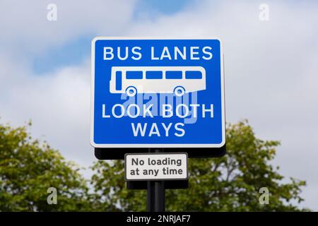 Schild, das Fußgänger darauf hinweist, in beide Richtungen in Buslinien, Glasgow, Schottland, Großbritannien, Europa zu schauen Stockfoto