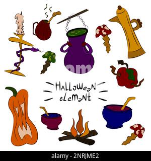 Sammlung von Hexengegenständen, Tränken, Zutaten. Halloween gruselige Elemente, Cliparts, Aufkleber. Magische Küchenutensilien. Coole Kinderabdrücke Stock Vektor