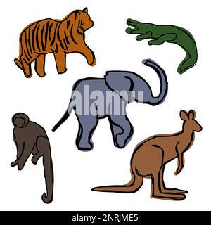 Set verschiedener wilder afrikanischer tropischer Tiere. Lustige Kinderzeichnungen im Stil des Handzeichens. Einfache, minimalistische, flache Illustration. Tiger, Elle Stock Vektor