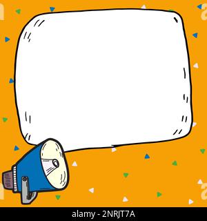 Megafon mit wichtigen Informationen und brandneuer Agenda. Große weiße Sprechblase für Text auf hellem farbigem Hintergrund. Vektorzeichnung Stock Vektor