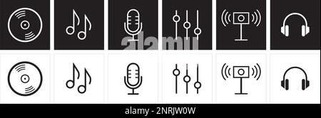 Ein Illustrationssatz mit Symbolvektor der Musik-App. Diagrammsymbole der Albumwiedergabeliste. Lineare Klänge und Design mit Audiosymbolen. Stock Vektor