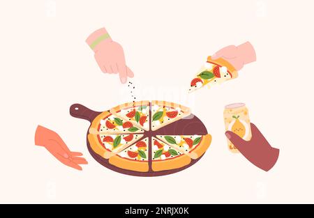 Freunde essen Pizza zusammen. Treffen mit einem Freund, Hände halten Pizzaschneiden und Drinks. Party mit Fast Food, Cartoon-frischen italienischen Pizzeria Vector Stock Vektor