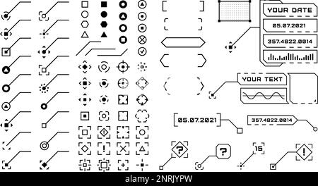 Digitale hud-Elemente, Technologiebalken und -Symbole, Halterungen und Ziele. UI ux-Zeichendesign, Beschreibungsrahmen und Textraum, isolierte Vektorschnittstelle Stock Vektor