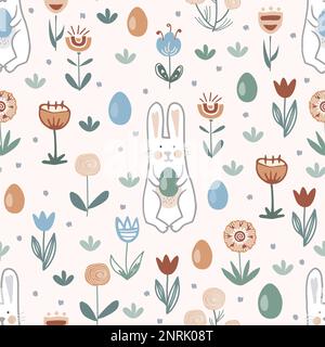 Muster mit handgezeichneten Häschen, Ostereiern und Kritzelblumen. Nahtloses Vektormuster in skandinavischem, boho- und Country-Style für Material und Verpackung Stock Vektor