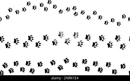 Die Fußabdrücke der Tiere zeichnen nahtlose Muster auf. Katzenpfoten mit schwarzem Fußabdruck, verschiedene Katzen-, Geparden- und Tigerspuren. Dekorative Katzenelemente Vektorrahmen Stock Vektor
