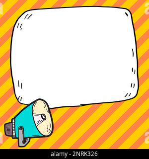 Megafon mit wichtigen Informationen und brandneuer Agenda. Große weiße Sprechblase für Text auf hellem farbigem Hintergrund. Vektorzeichnung Stock Vektor