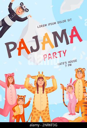 Pyjama-Party-Einladung. Kind Teenager und Erwachsene laden Freunde zur Übernachtung ein in Schlafanzug Einteiler, Nachtwäsche Schlummermädchen Spaß Kinderschlafbett feiern Nacht Vektor-Illustration Stock Vektor