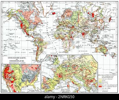 Geologische Karte der Welt. Veröffentlichung des Buches "Meyers Konversations-Lexikon", Band 2, Leipzig, 1910 Stockfoto