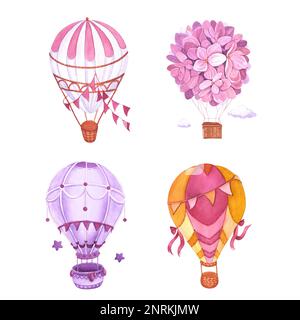 Aquarell-Set mit Heißluftballons und Girlande. Handbemalte Himmelszeichnung mit Aerostate und isolierten Flaggen auf weißem Hintergrund. Design für Logo Stockfoto