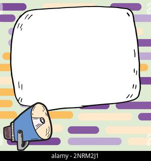 Megafon mit wichtigen Informationen und brandneuer Agenda. Große weiße Sprechblase für Text auf hellem farbigem Hintergrund. Vektorzeichnung Stock Vektor