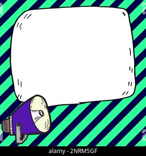 Megafon mit wichtigen Informationen und brandneuer Agenda. Große weiße Sprechblase für Text auf hellem farbigem Hintergrund. Vektorzeichnung Stock Vektor