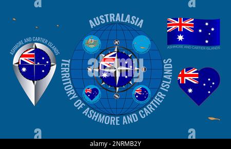 Abbildungen der Flagge, Gliederungskarte, Symbole DES TERRITORIUMS DER ASHMORE- UND CARTIER-INSELN. Australisches Äußeres Territorium. Reisekonzept. Stockfoto