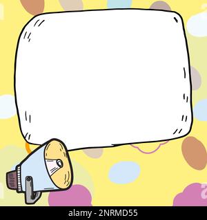 Megafon mit wichtigen Informationen und brandneuer Agenda. Große weiße Sprechblase für Text auf hellem farbigem Hintergrund. Vektorzeichnung Stock Vektor