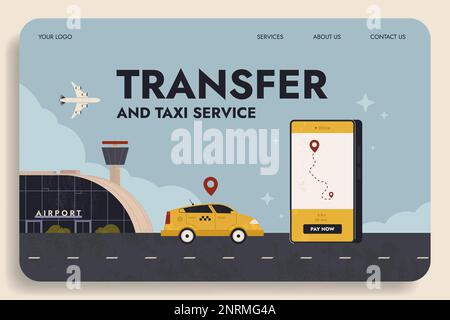 Startseite des Online-Taxidienstes. Stadtbild mit Flughafenterminal mit Flugzeug, gelbem Taxi und Mobiltelefonbildschirm mit Lieferanwendung. Abbildung der App für die Autobestellung mit flachem Vektor. Stock Vektor